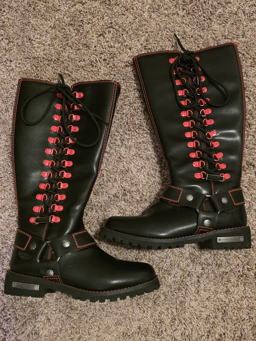 Women's Black Lace-Up Boots with Red Accents
